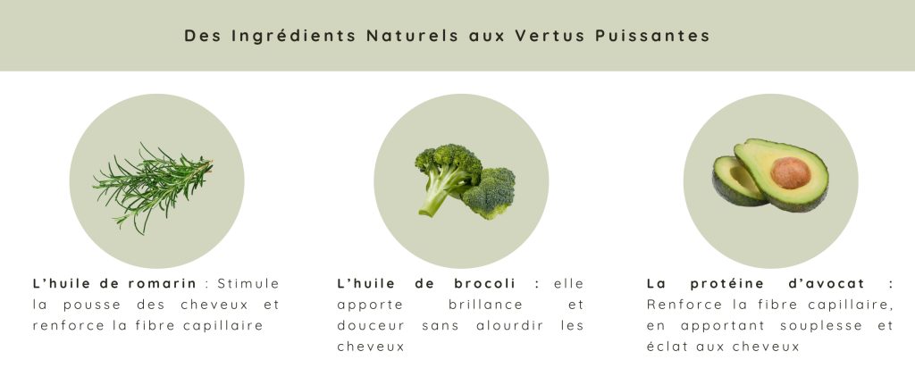 L’élixir est crée a partir dh’uile de romarin, d’huile de brocoli et de la protéine d’avocat, ses ingrédients naturelle permettent de nourrir sans attaque la chevelure